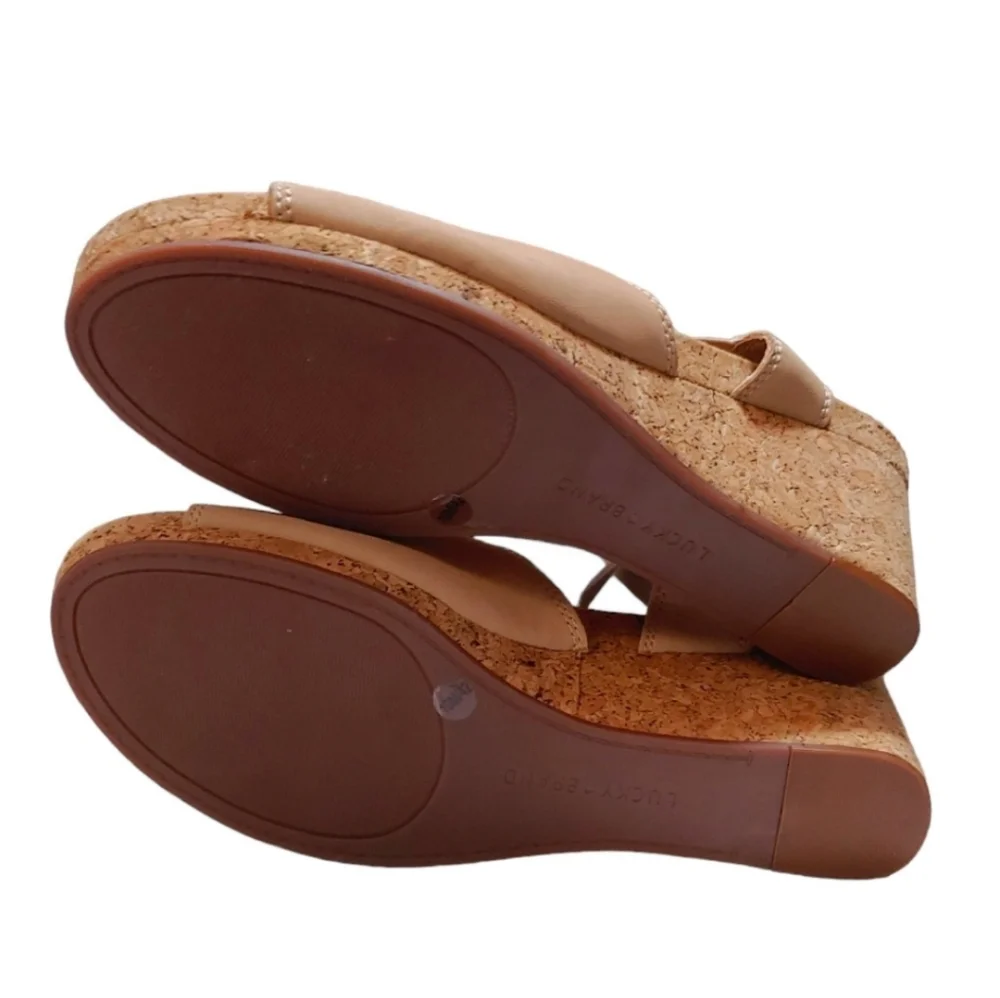Lucky Brand Kyla Tan Beige Ankle Strap Wedge Sandals Heels Women's Size 10